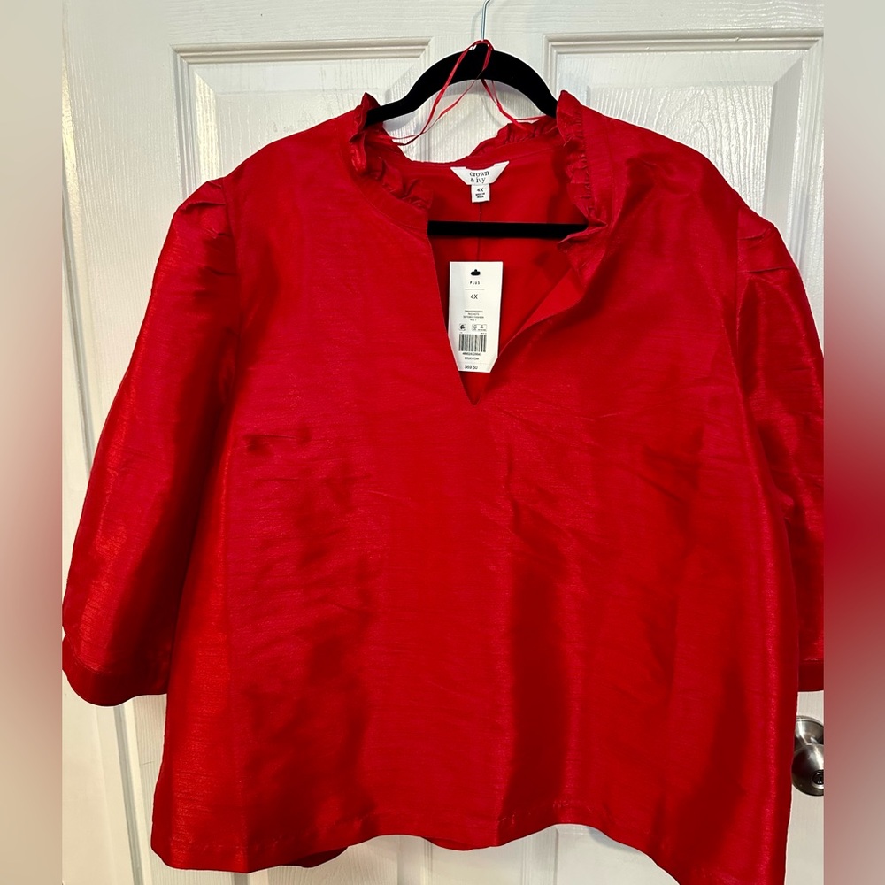 crown & ivy Red V-Neck Ruffle Trim Blouse